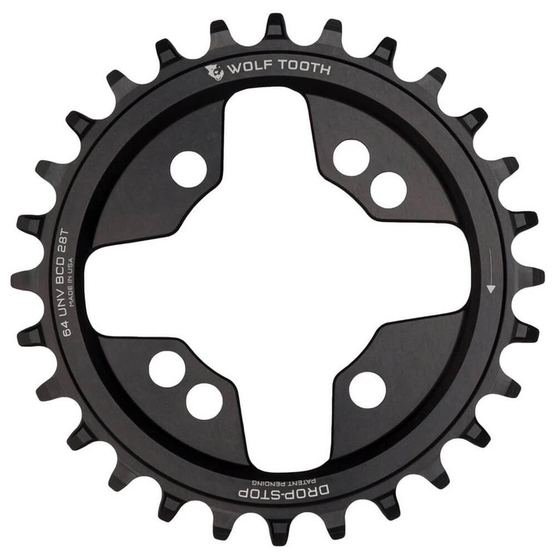 Wolf Tooth 4 Bolt Alloy Drop-Stop Chainring - 64 BCD - Round - Black - 26T